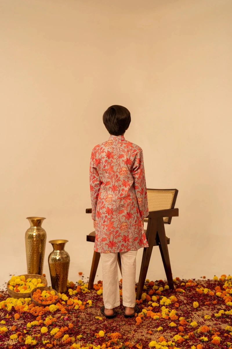 KHILKARI FLOWY FLOWERY COTTON ANGRAKHA KURTA SET - Pomcha Jaipur