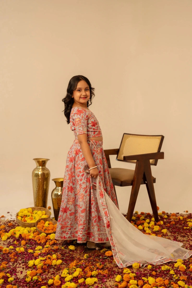 KHILKARI FLOWY FLOWERY COTTON LEHENGA SET - Pomcha Jaipur