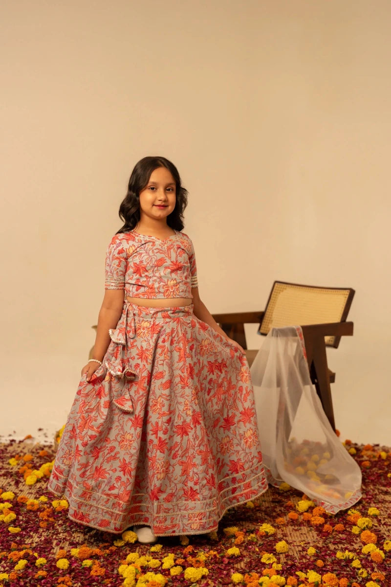 KHILKARI FLOWY FLOWERY COTTON LEHENGA SET - Pomcha Jaipur