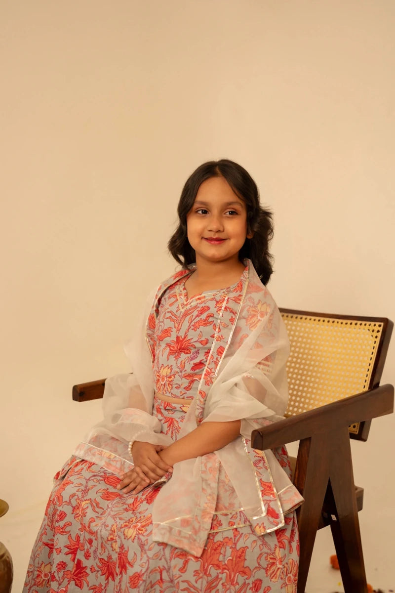 KHILKARI FLOWY FLOWERY COTTON LEHENGA SET - Pomcha Jaipur