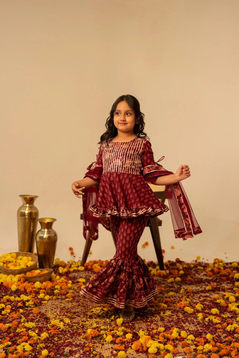 KHILKARI MAROON MAGIC HAND BLOCK PRINT COTTON SHARARA SET - Pomcha Jaipur