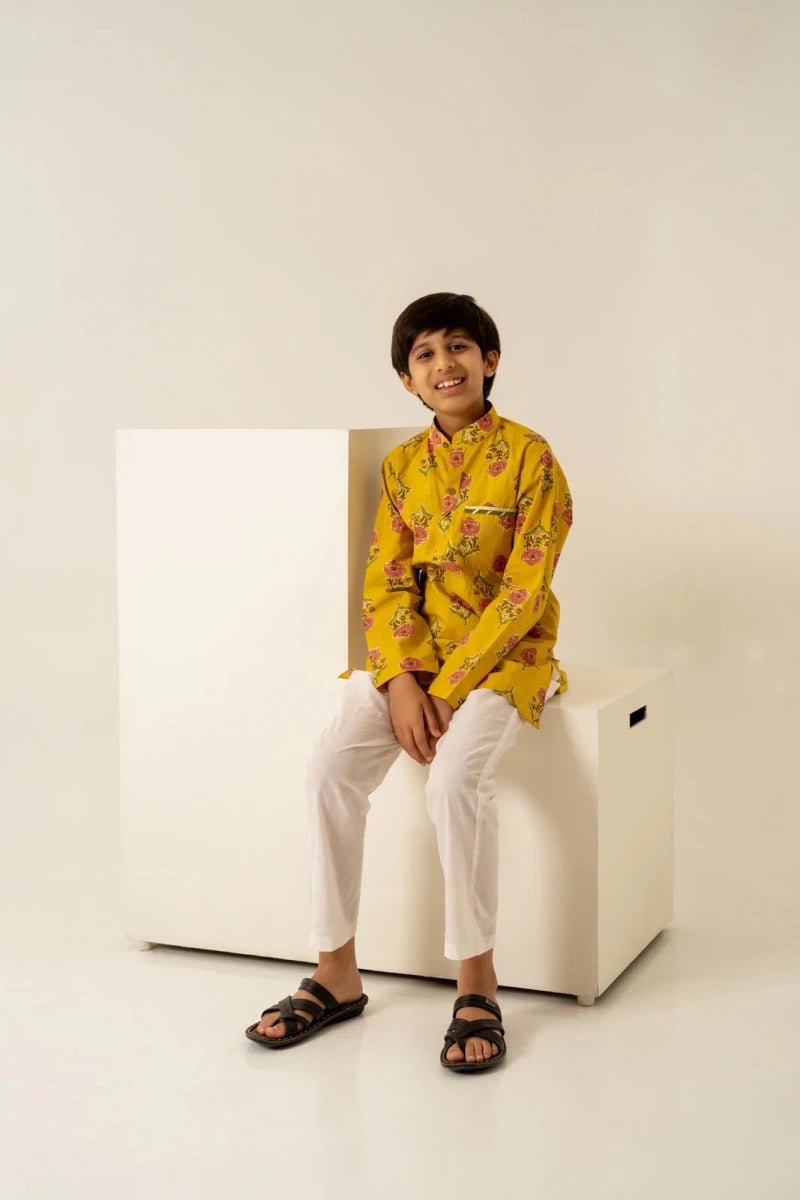 KHILKARI PEELA PHOOL HAND BLOCK KURTA SET - Pomcha Jaipur