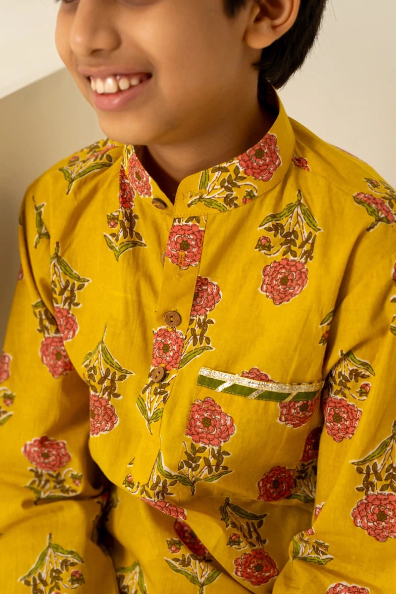 KHILKARI PEELA PHOOL HAND BLOCK KURTA SET - Pomcha Jaipur