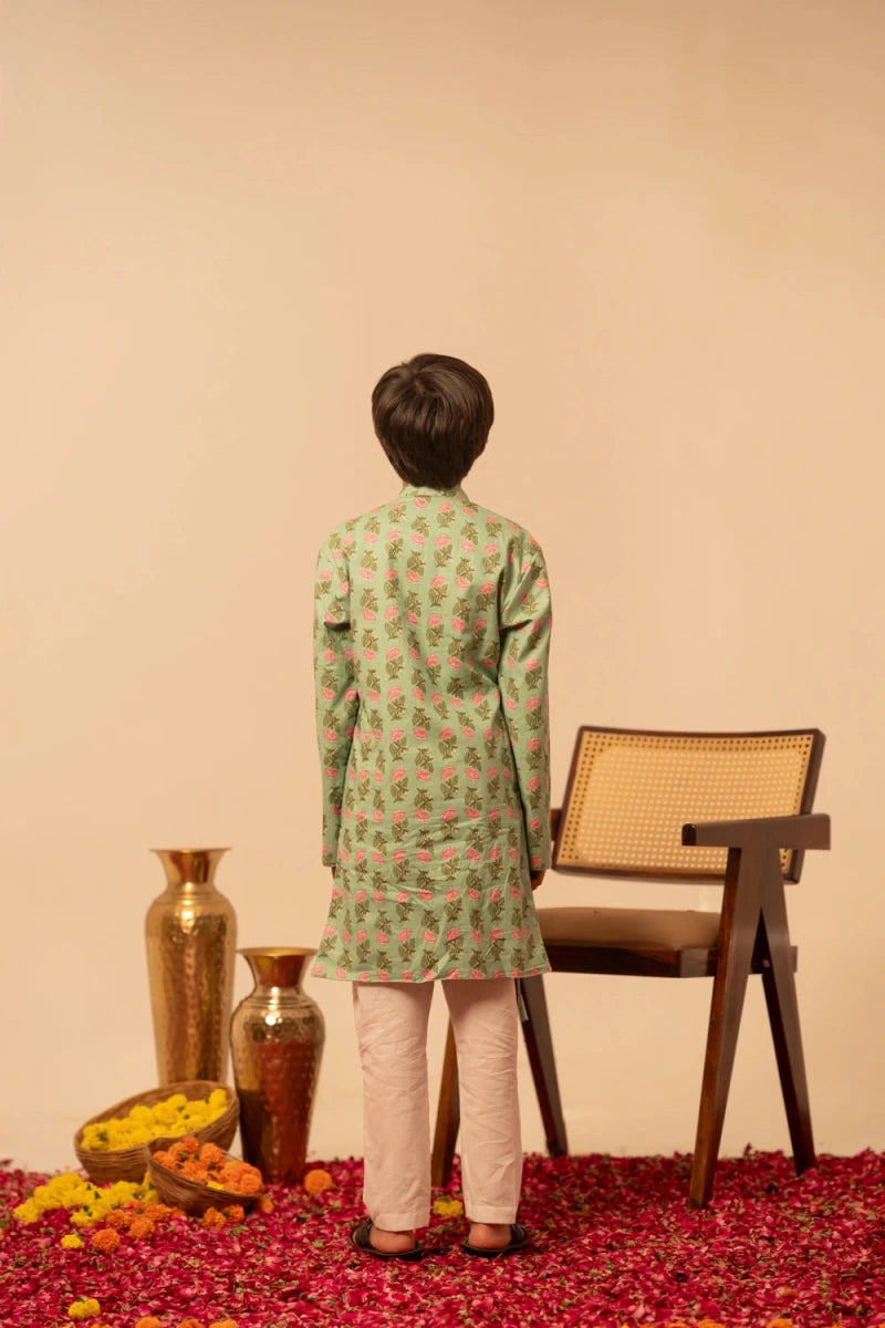 KHILKARI PISTA PETAL ANGRAKHA STYLE KURTA SET - Pomcha Jaipur