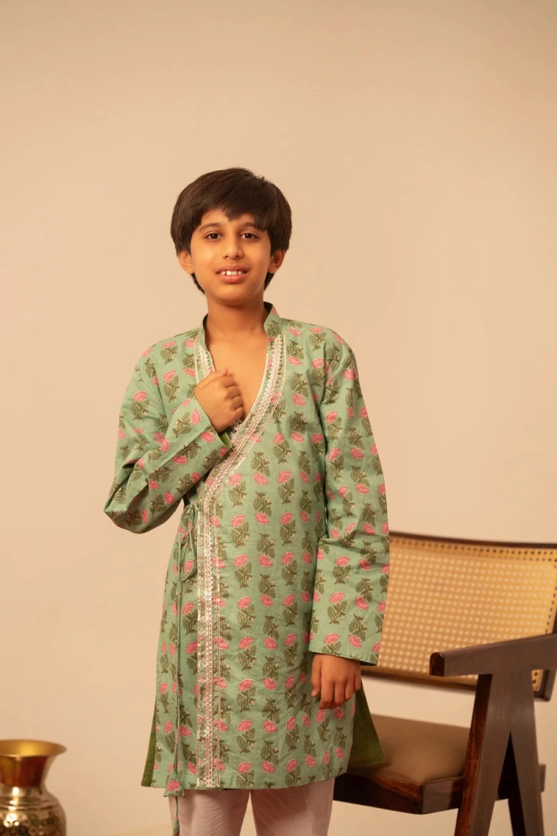 KHILKARI PISTA PETAL ANGRAKHA STYLE KURTA SET - Pomcha Jaipur