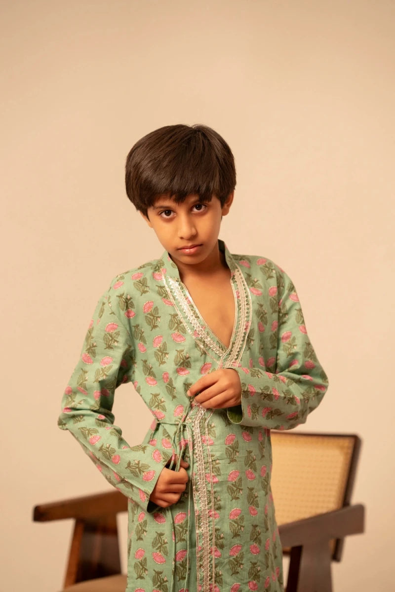 KHILKARI PISTA PETAL ANGRAKHA STYLE KURTA SET - Pomcha Jaipur