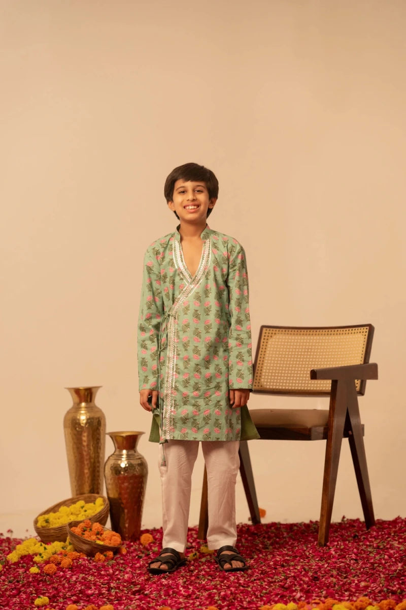 KHILKARI PISTA PETAL ANGRAKHA STYLE KURTA SET - Pomcha Jaipur