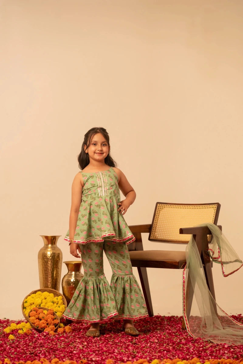 KHILKARI THE PISTA BUTI COTTON SHARARA SET - Pomcha Jaipur