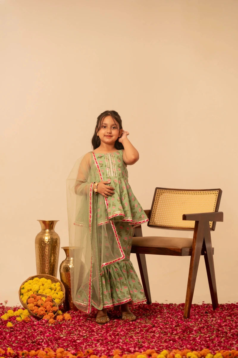KHILKARI THE PISTA BUTI COTTON SHARARA SET - Pomcha Jaipur