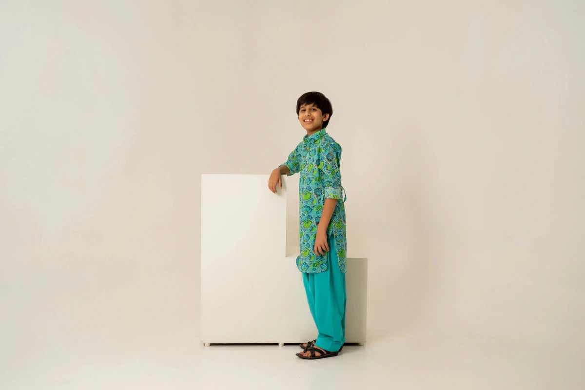 KHILKARI THE TEAL COTTON HAND BLOCK KURTA SET - Pomcha Jaipur