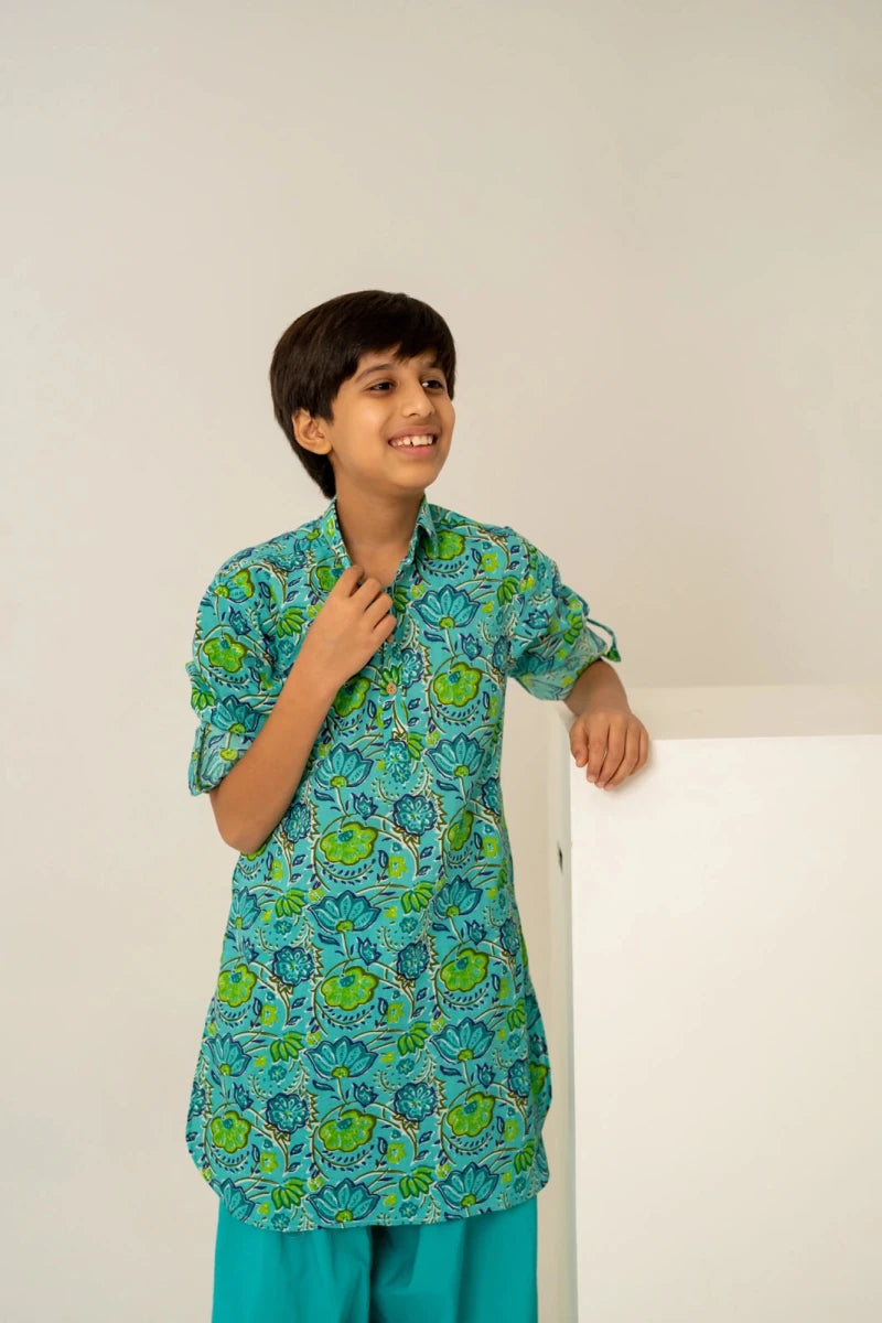 KHILKARI THE TEAL COTTON HAND BLOCK KURTA SET - Pomcha Jaipur