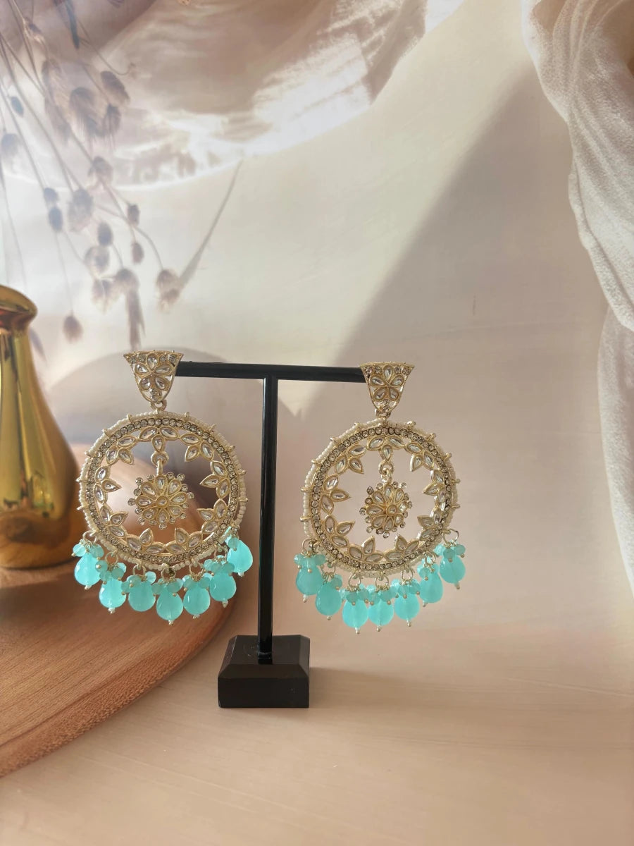 LIGHT BLUE KUNDAN STUDDED CHANDBALI EARRING SET - Pomcha Jaipur