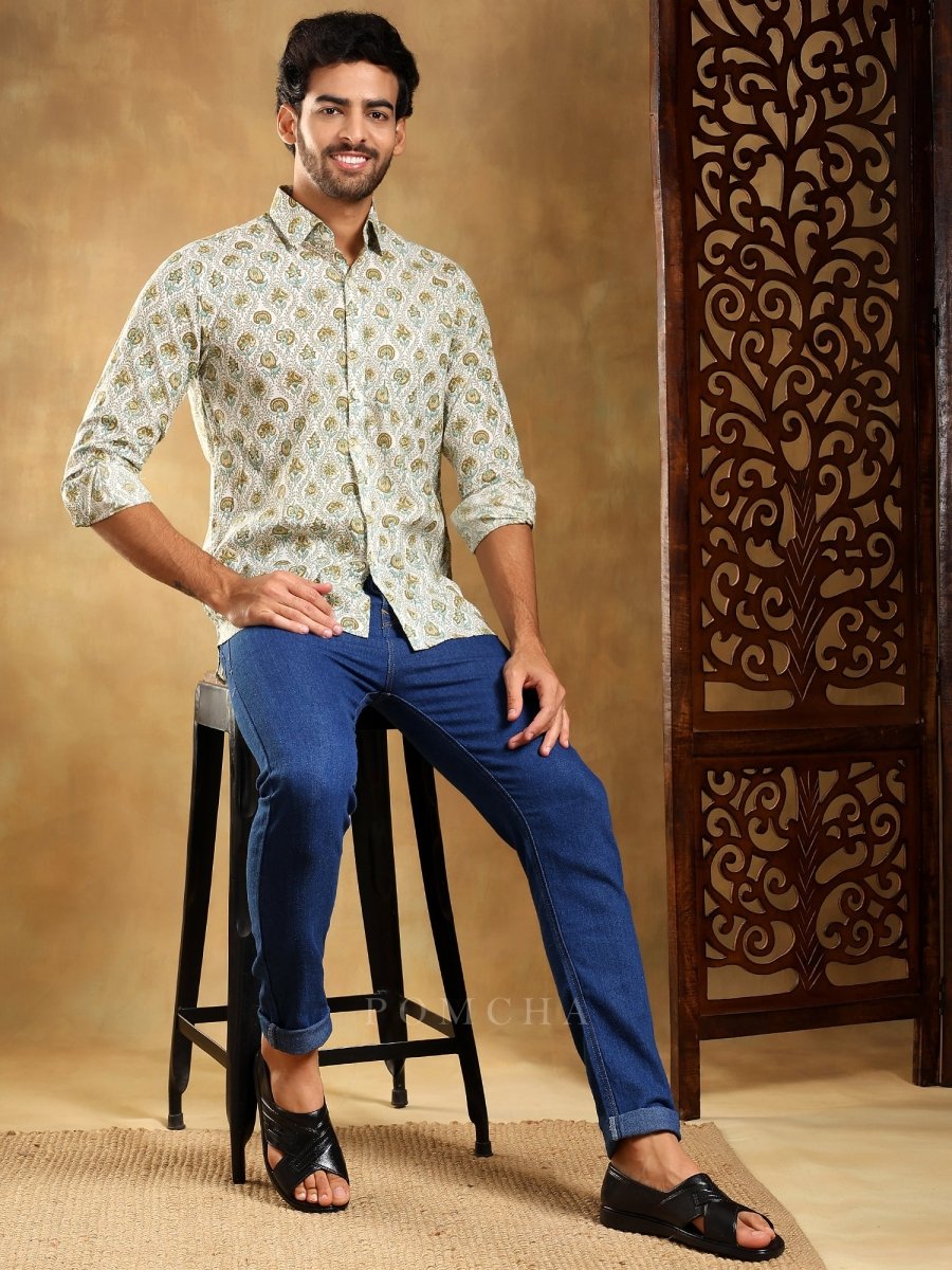 MEHENDI GREEN PAISLEY COTTON HAND BLOCK SHIRT - Pomcha Jaipur