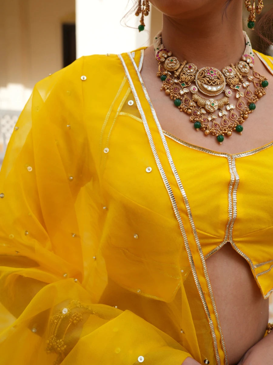 MEHFIL BASANT BAHAR ORGANZA GOTA PATTI LEHENGA SET WITH ORGANZA DUPATTA - Pomcha Jaipur