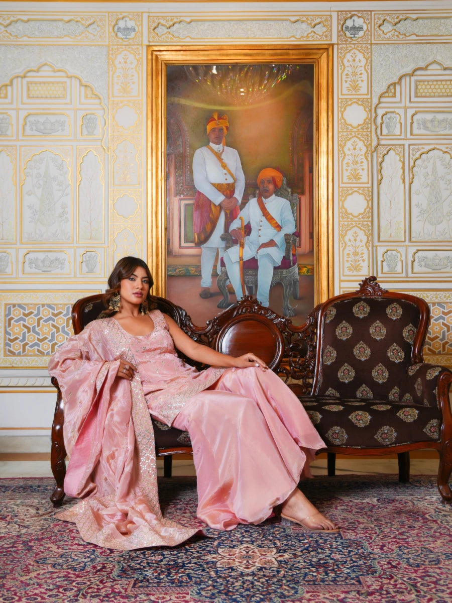 MEHFIL BLUSH PINK GOTA PATTI HAND EMBROIDERED SHARARA SET - Pomcha Jaipur