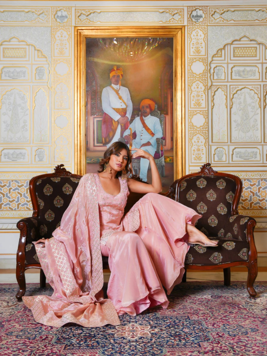 MEHFIL BLUSH PINK GOTA PATTI HAND EMBROIDERED SHARARA SET - Pomcha Jaipur