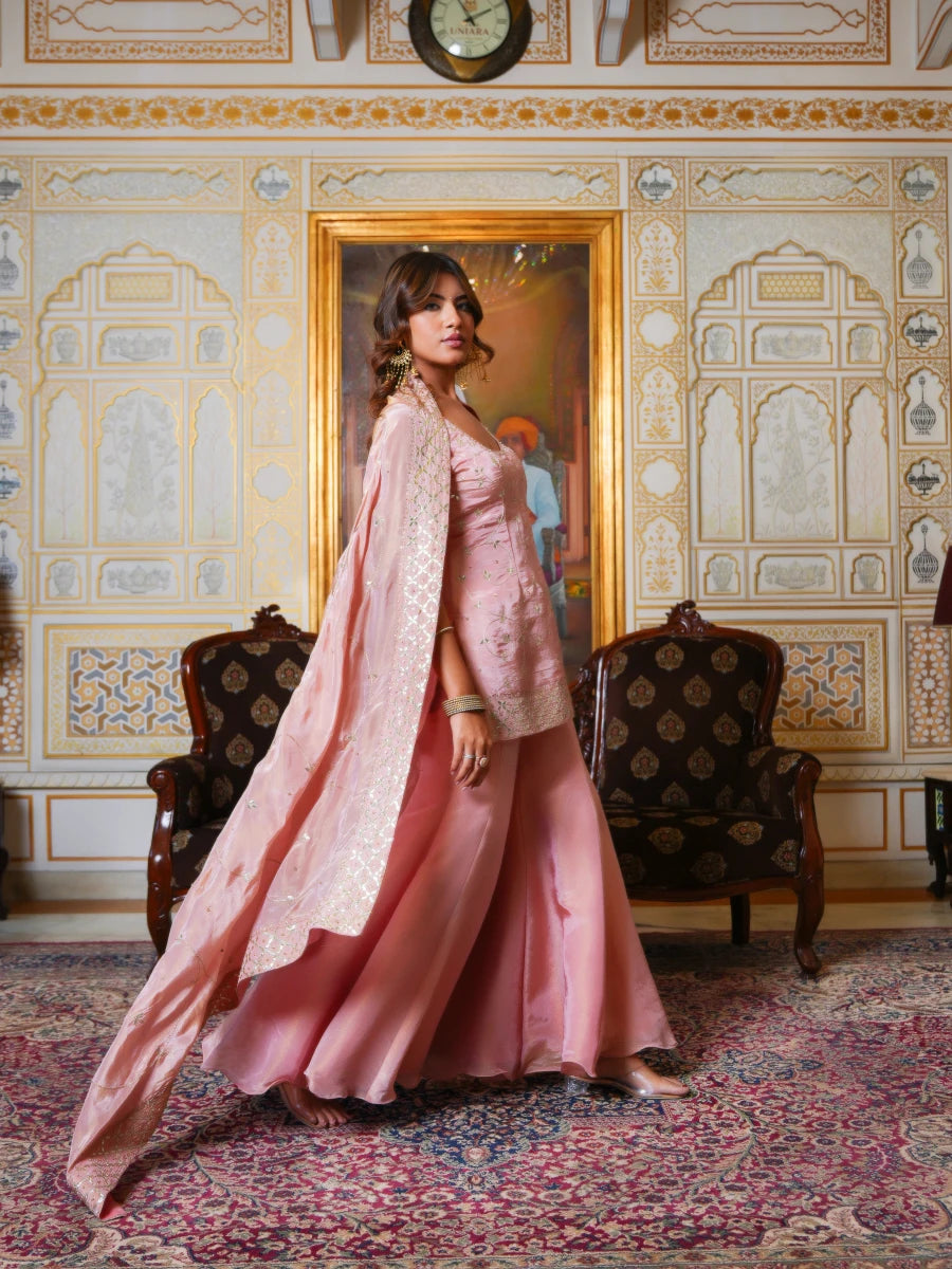 MEHFIL BLUSH PINK GOTA PATTI HAND EMBROIDERED SHARARA SET - Pomcha Jaipur