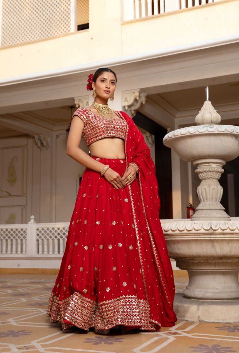 MEHFIL GUL E LAAL GOTA PATTI WORK SILK LEHENGA SET WITH DUPATTA - Pomcha Jaipur