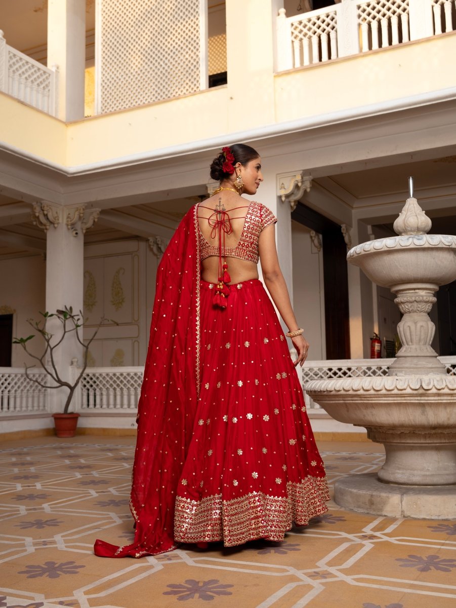 MEHFIL GUL E LAAL GOTA PATTI WORK SILK LEHENGA SET WITH DUPATTA - Pomcha Jaipur