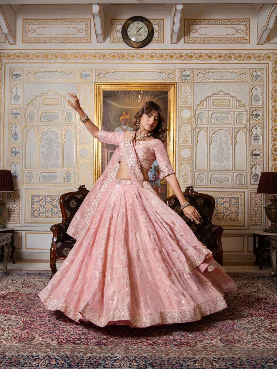 MEHFIL GULABI GOTA PATTI HAND EMBROIDERY COSMO LEHENGA SET WITH DUPATTA - Pomcha Jaipur