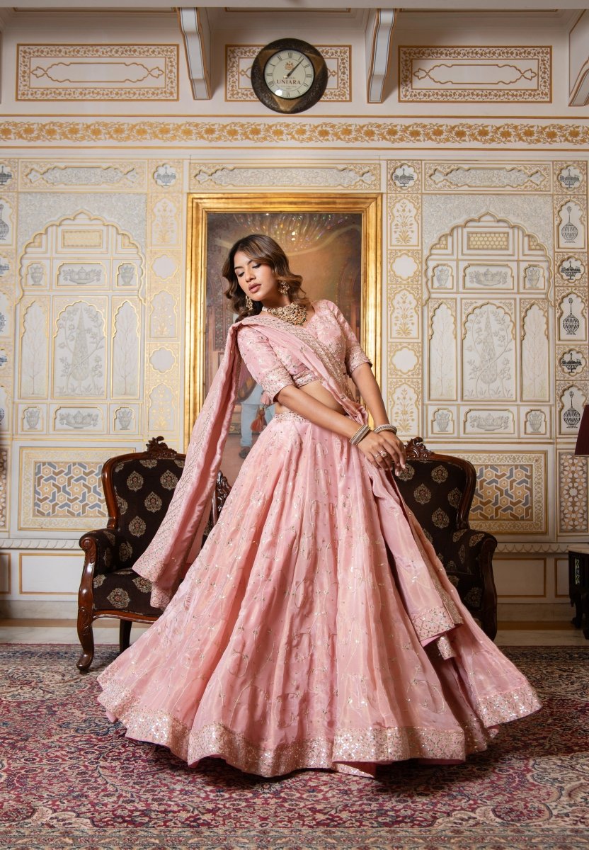MEHFIL GULABI GOTA PATTI HAND EMBROIDERY COSMO LEHENGA SET WITH DUPATTA - Pomcha Jaipur