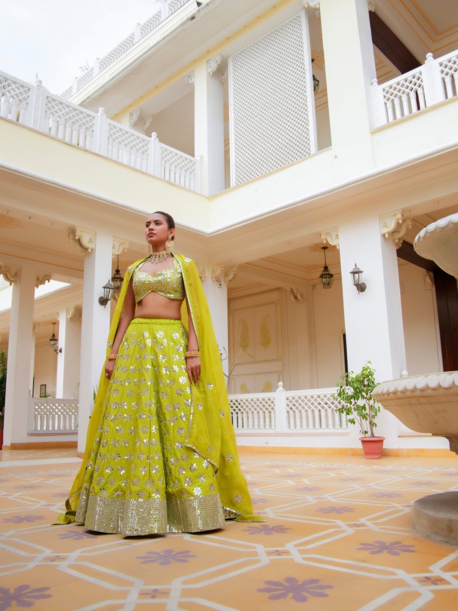 MEHFIL HARIYALI SHISHA HAND WORK LEHENGA SET WITH ORGANZA DUPATTA - Pomcha Jaipur