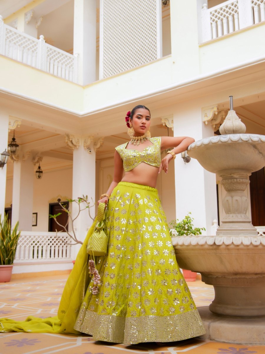 MEHFIL HARIYALI SHISHA HAND WORK LEHENGA SET WITH ORGANZA DUPATTA - Pomcha Jaipur