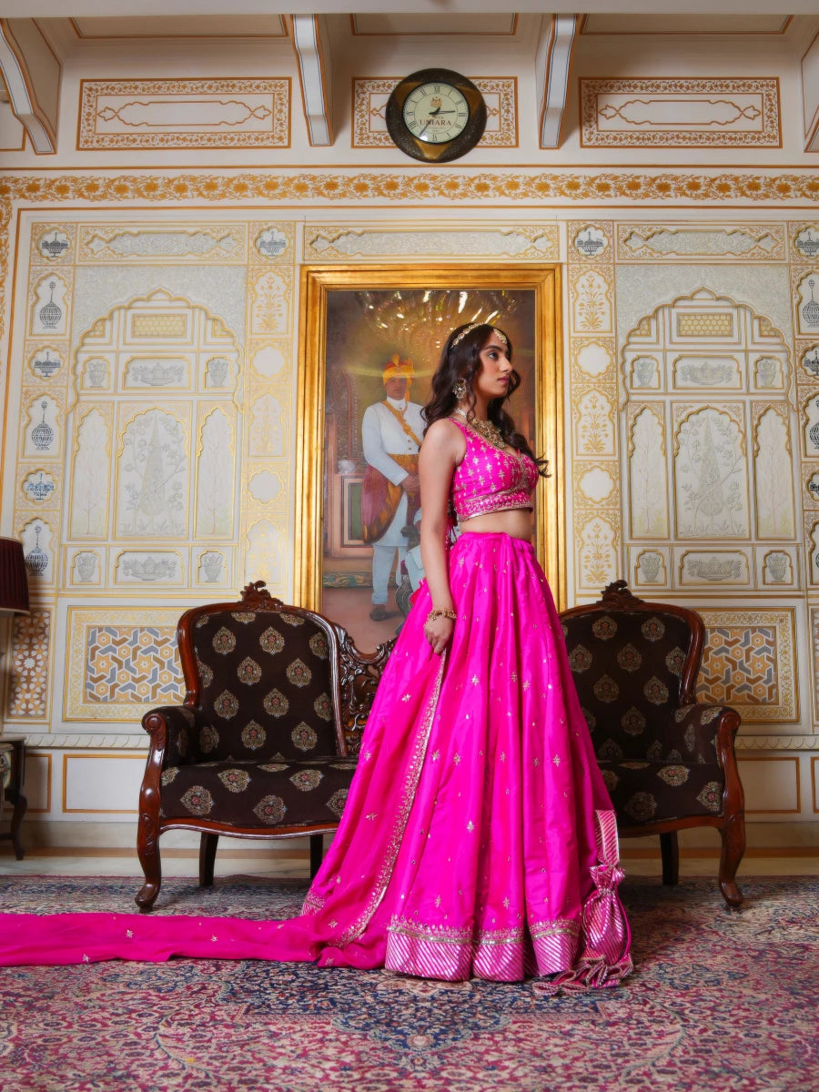 MEHFIL HOT PINK TAFFETA ZARI HAND EMBROIDERY LEHENGA SET WITH ORGANZA DUPATTA - Pomcha Jaipur