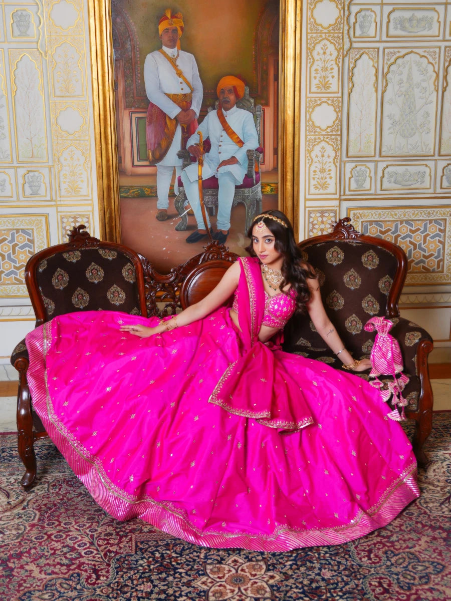 MEHFIL HOT PINK TAFFETA ZARI HAND EMBROIDERY LEHENGA SET WITH ORGANZA DUPATTA - Pomcha Jaipur