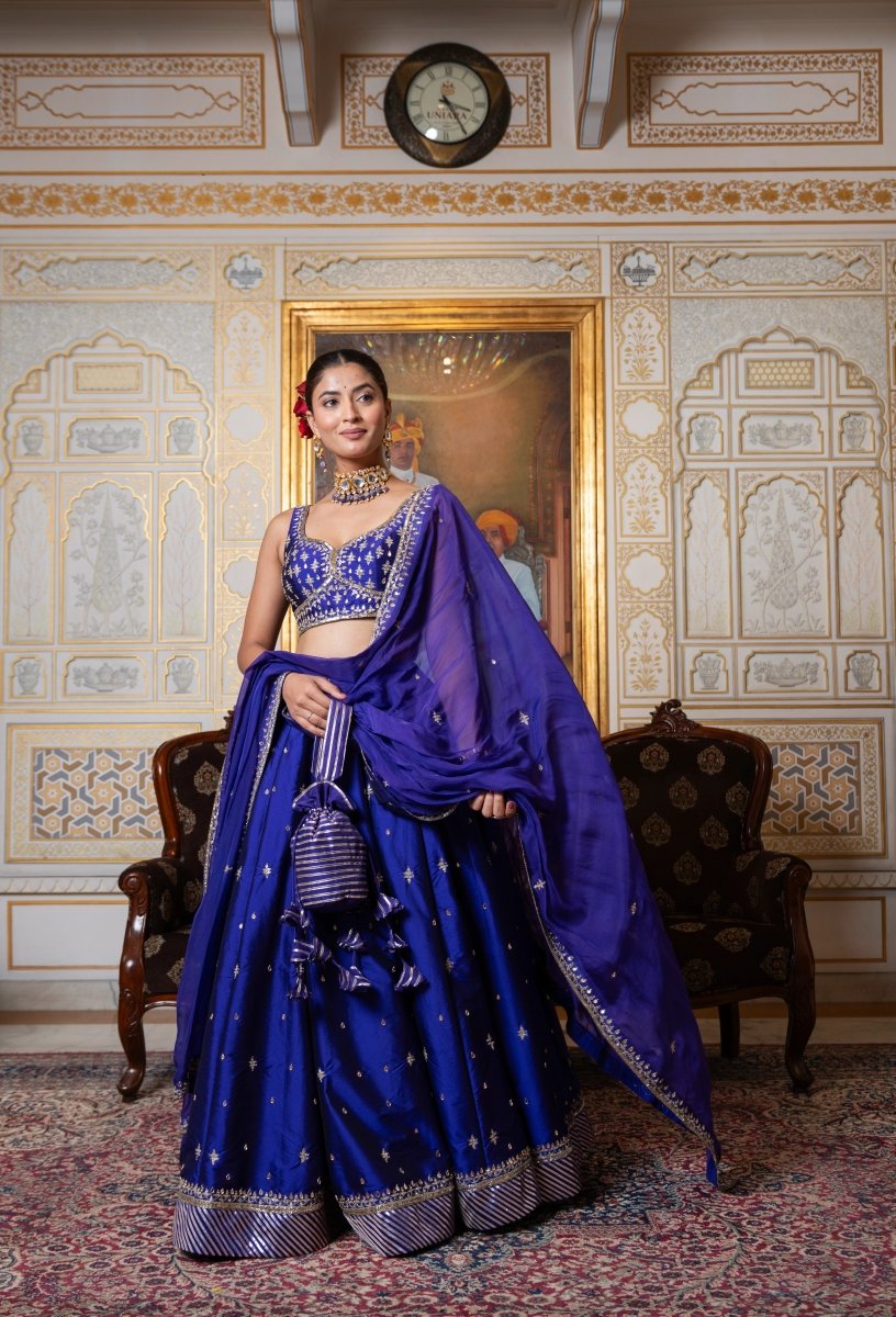 MEHFIL JAMUNI ZARI HAND WORK TAFFETA LEHENGA SET WITH ORGANZA DUPATTA - Pomcha Jaipur