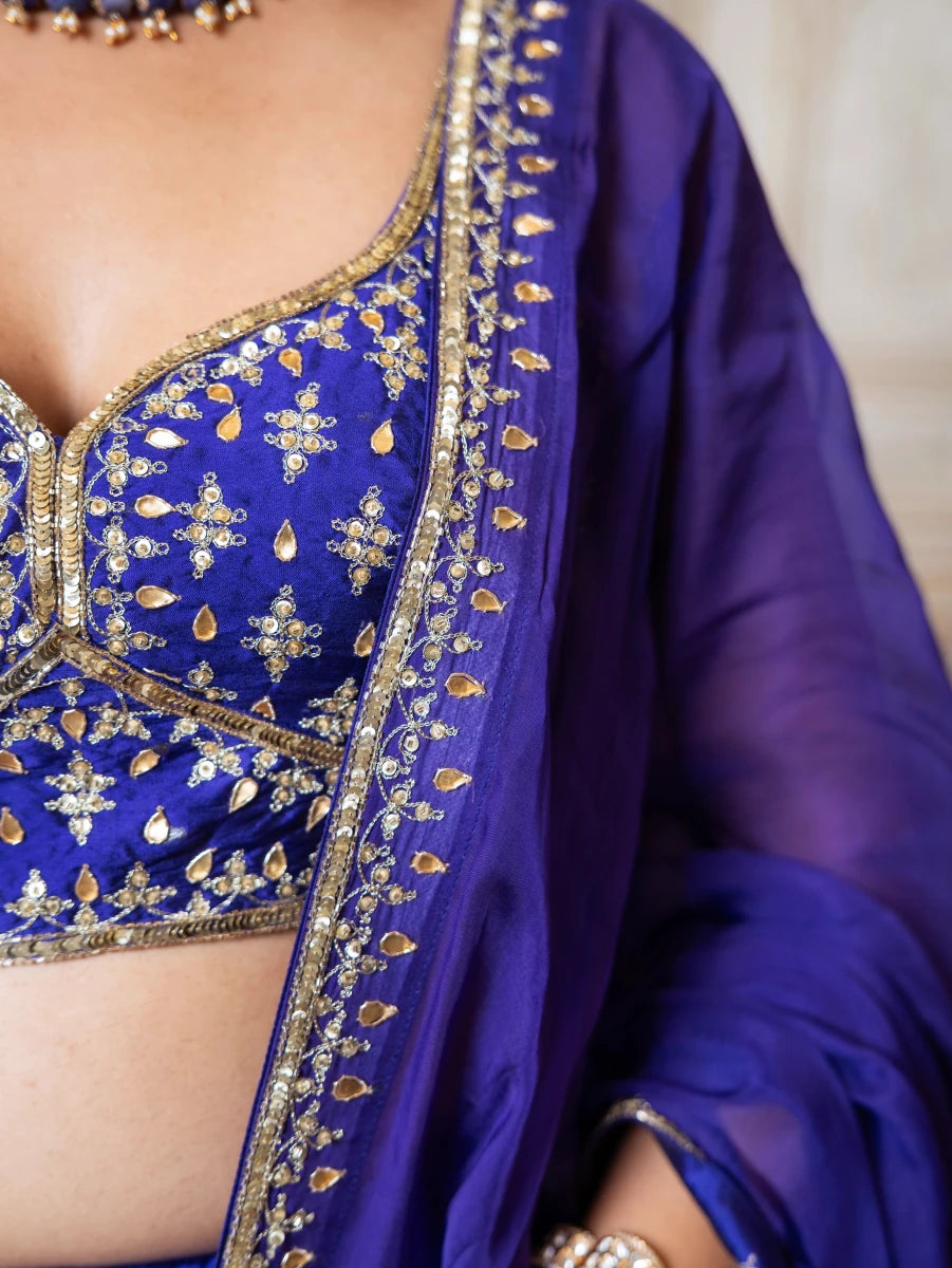 MEHFIL JAMUNI ZARI HAND WORK TAFFETA LEHENGA SET WITH ORGANZA DUPATTA - Pomcha Jaipur