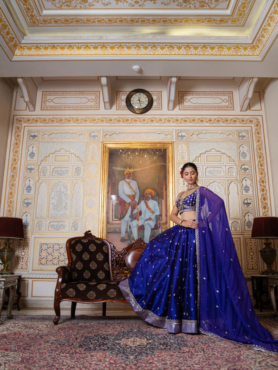 MEHFIL JAMUNI ZARI HAND WORK TAFFETA LEHENGA SET WITH ORGANZA DUPATTA - Pomcha Jaipur