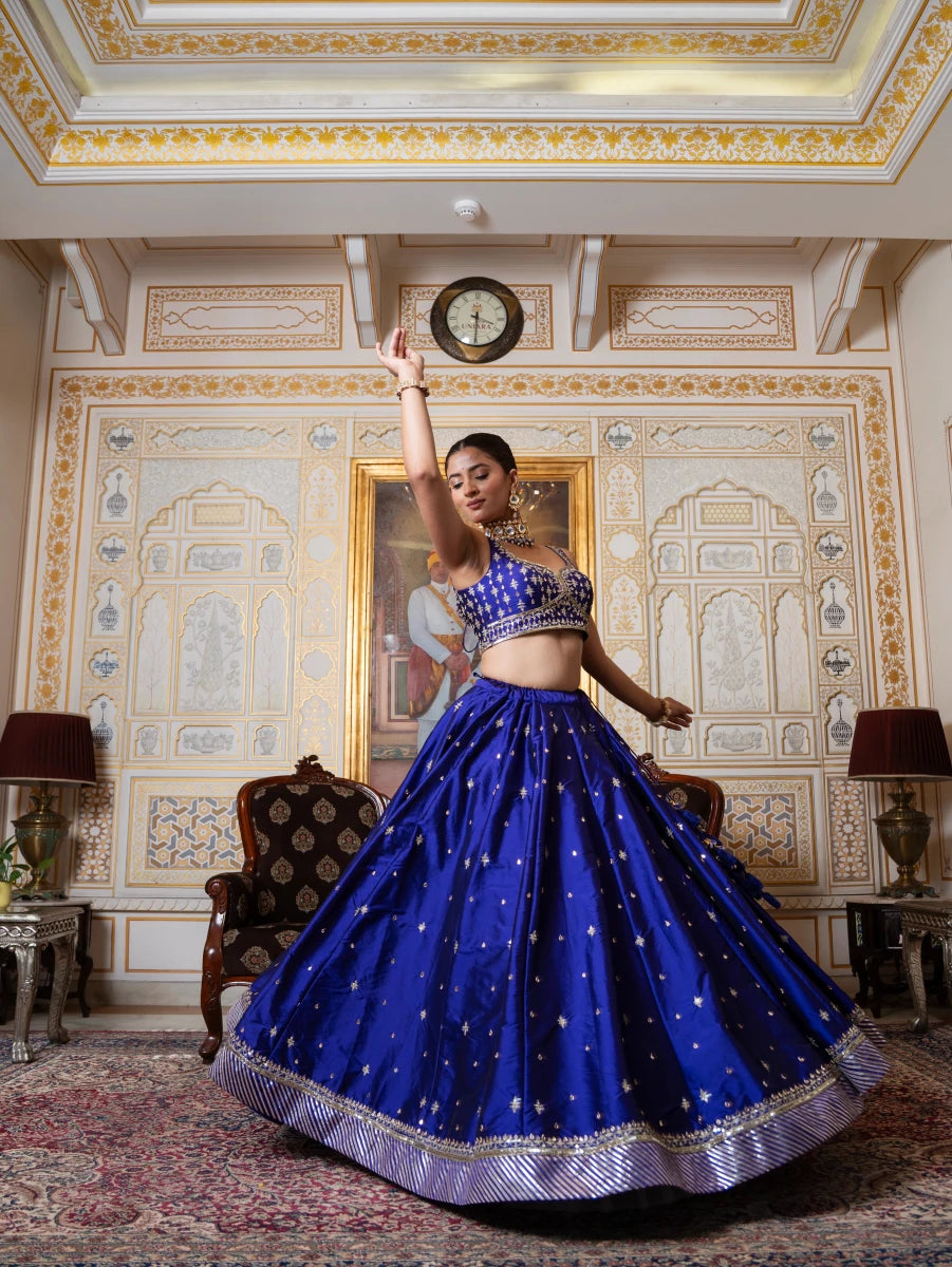 MEHFIL JAMUNI ZARI HAND WORK TAFFETA LEHENGA SET WITH ORGANZA DUPATTA - Pomcha Jaipur