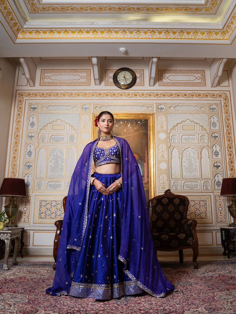 MEHFIL JAMUNI ZARI HAND WORK TAFFETA LEHENGA SET WITH ORGANZA DUPATTA - Pomcha Jaipur