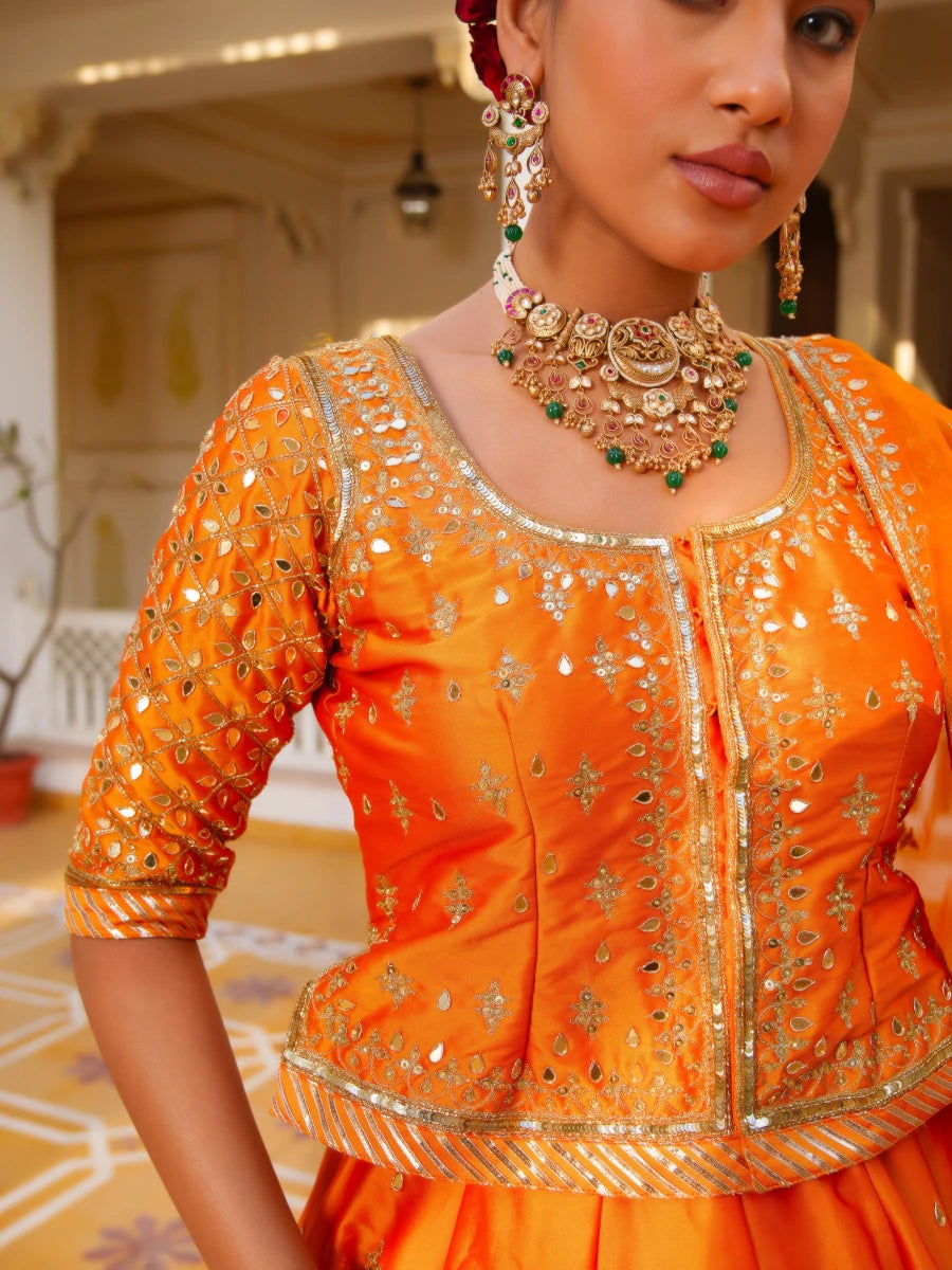 MEHFIL KESARI SITARA AARI TAARI HAND WORK TAFFETA LEHENGA SET WITH ORGANZA DUPATTA - Pomcha Jaipur