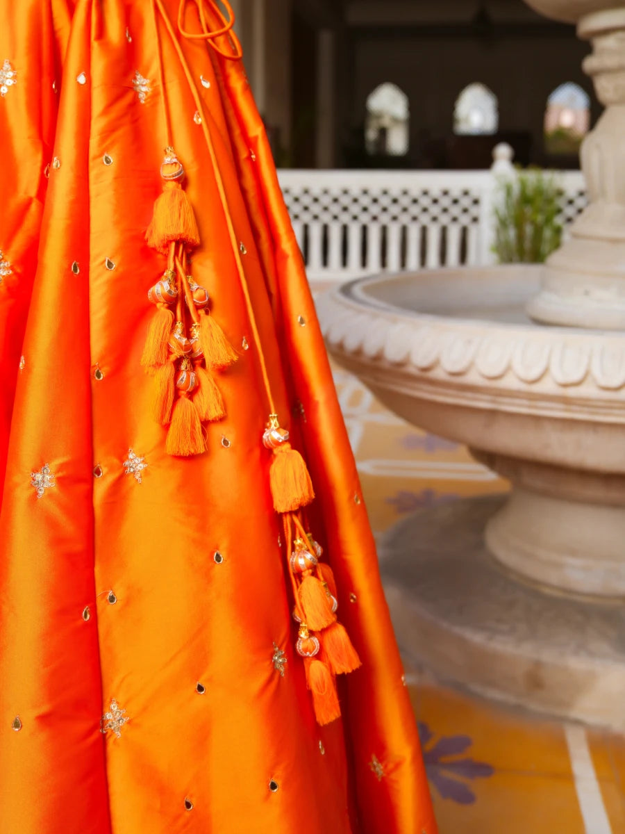 MEHFIL KESARI SITARA AARI TAARI HAND WORK TAFFETA LEHENGA SET WITH ORGANZA DUPATTA - Pomcha Jaipur