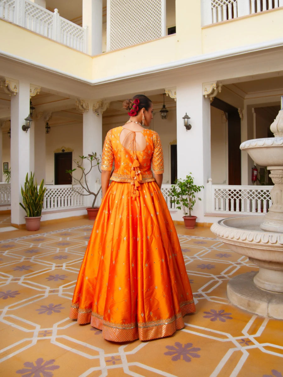 MEHFIL KESARI SITARA AARI TAARI HAND WORK TAFFETA LEHENGA SET WITH ORGANZA DUPATTA - Pomcha Jaipur