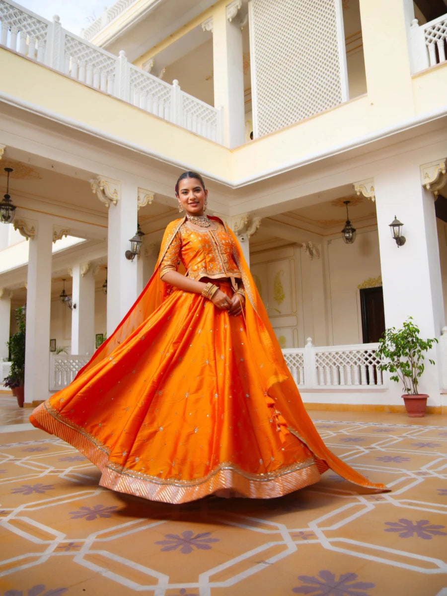 MEHFIL KESARI SITARA AARI TAARI HAND WORK TAFFETA LEHENGA SET WITH ORGANZA DUPATTA - Pomcha Jaipur