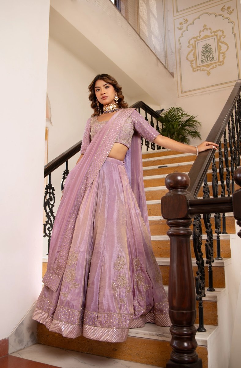 MEHFIL KOMAL LAVENDER COSMOS TUBE LIGHT HANDWORK LEHENGA SET WITH DUPATTA - Pomcha Jaipur
