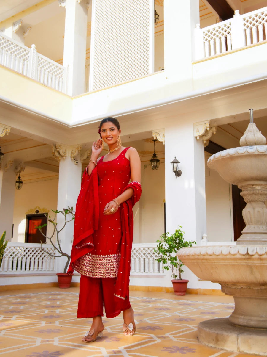 MEHFIL LAL RANG GOTTA PATTI HAND WORK SILK KURTA SET WITH SILK DUPATTA - Pomcha Jaipur