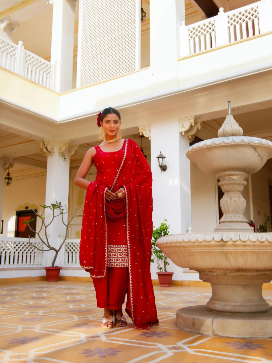 MEHFIL LAL RANG GOTTA PATTI HAND WORK SILK KURTA SET WITH SILK DUPATTA - Pomcha Jaipur