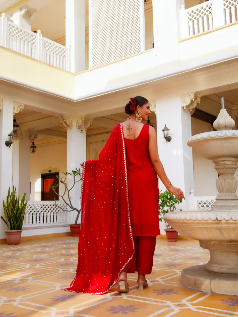 MEHFIL LAL RANG GOTTA PATTI HAND WORK SILK KURTA SET WITH SILK DUPATTA - Pomcha Jaipur