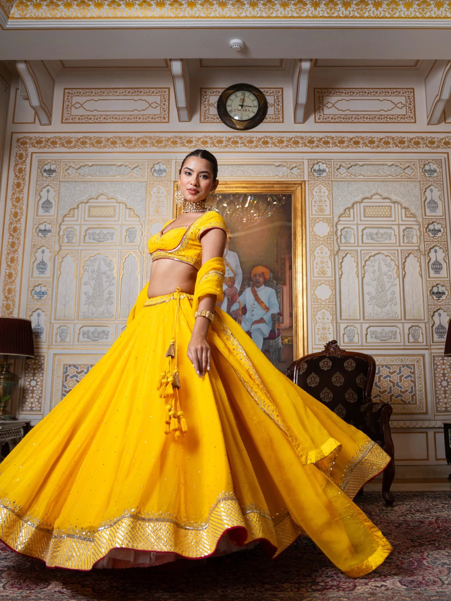 MEHFIL MARIGOLD SEQUIN ZARI HAND WORK ORGANZA LEHENGA SET WITH ORGANZA DUPATTA - Pomcha Jaipur