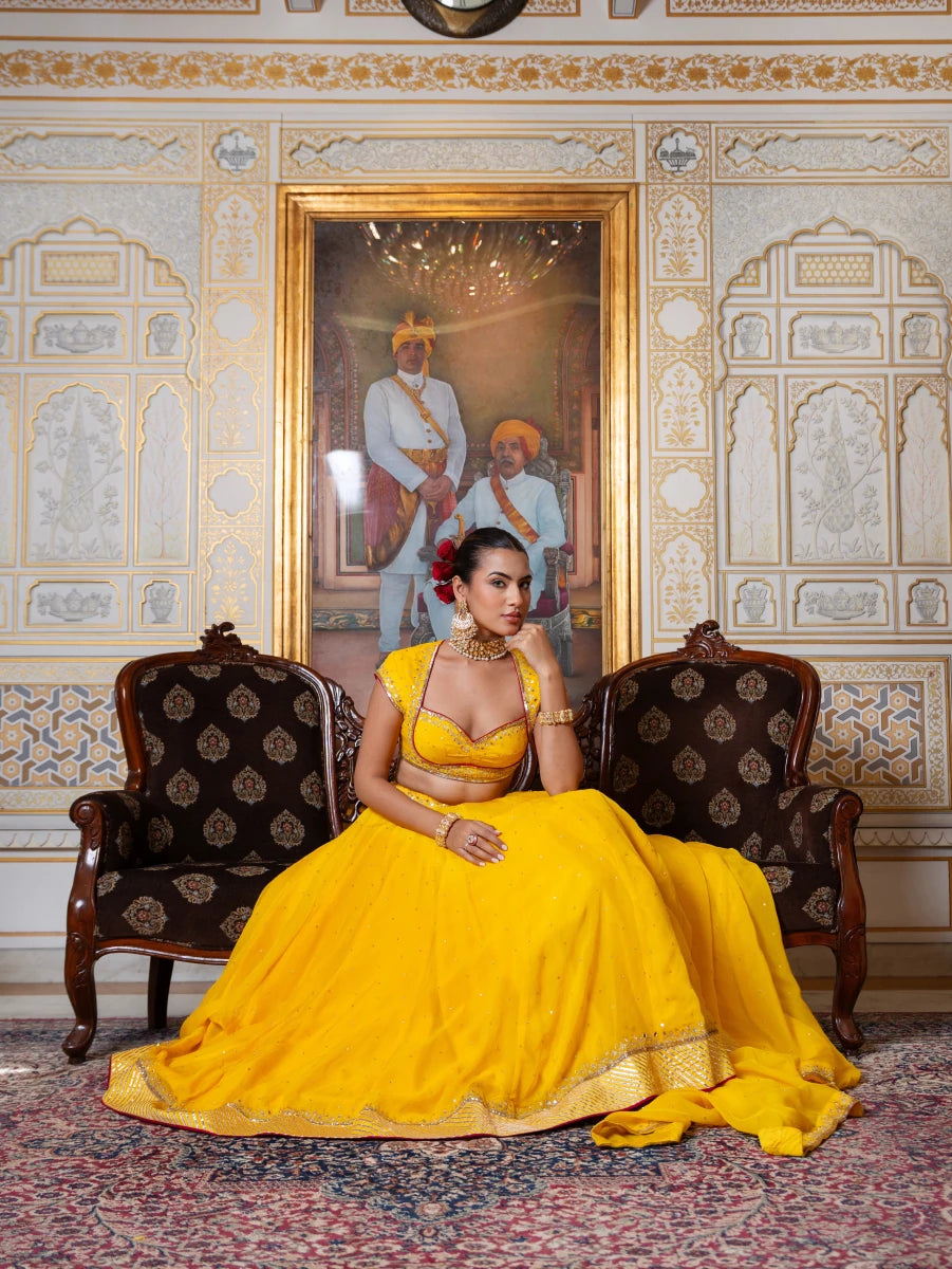 MEHFIL MARIGOLD SEQUIN ZARI HAND WORK ORGANZA LEHENGA SET WITH ORGANZA DUPATTA - Pomcha Jaipur