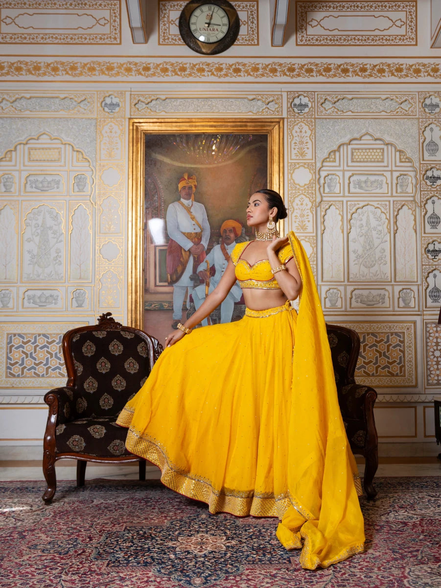 MEHFIL MARIGOLD SEQUIN ZARI HAND WORK ORGANZA LEHENGA SET WITH ORGANZA DUPATTA - Pomcha Jaipur