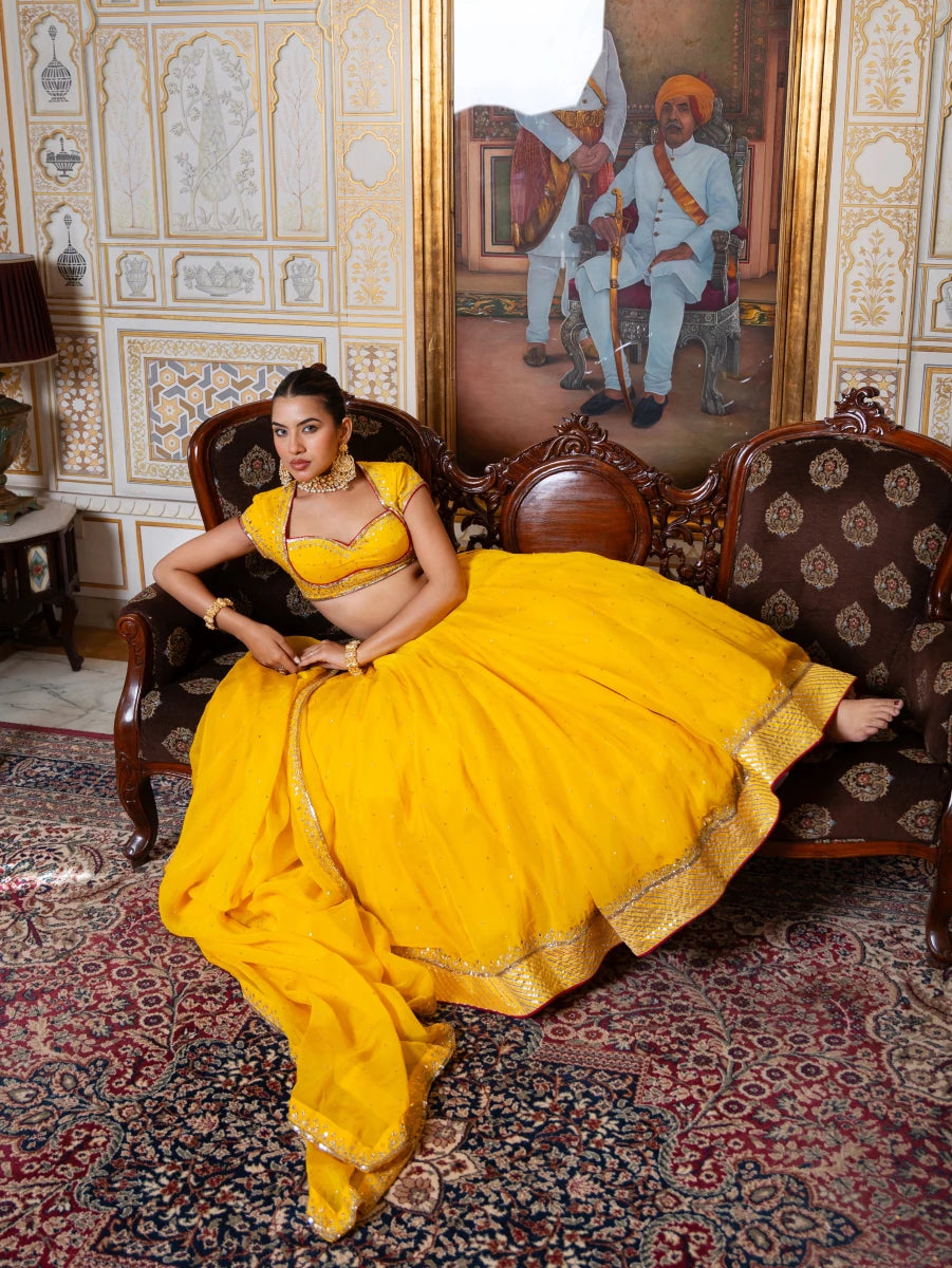 MEHFIL MARIGOLD SEQUIN ZARI HAND WORK ORGANZA LEHENGA SET WITH ORGANZA DUPATTA - Pomcha Jaipur