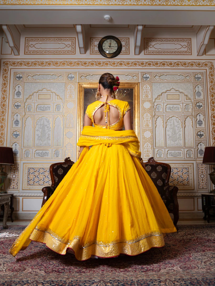 MEHFIL MARIGOLD SEQUIN ZARI HAND WORK ORGANZA LEHENGA SET WITH ORGANZA DUPATTA - Pomcha Jaipur