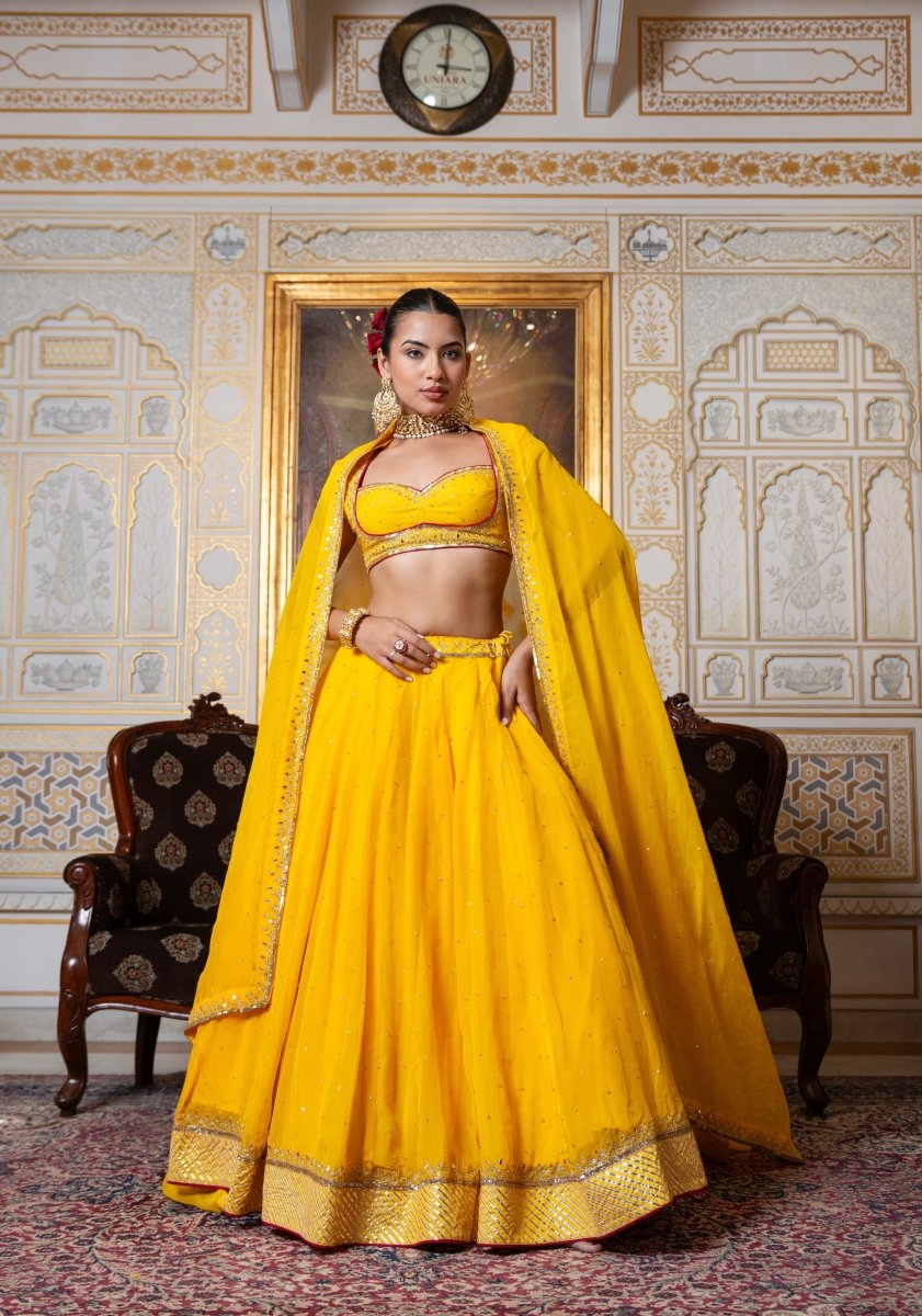 MEHFIL MARIGOLD SEQUIN ZARI HAND WORK ORGANZA LEHENGA SET WITH ORGANZA DUPATTA - Pomcha Jaipur