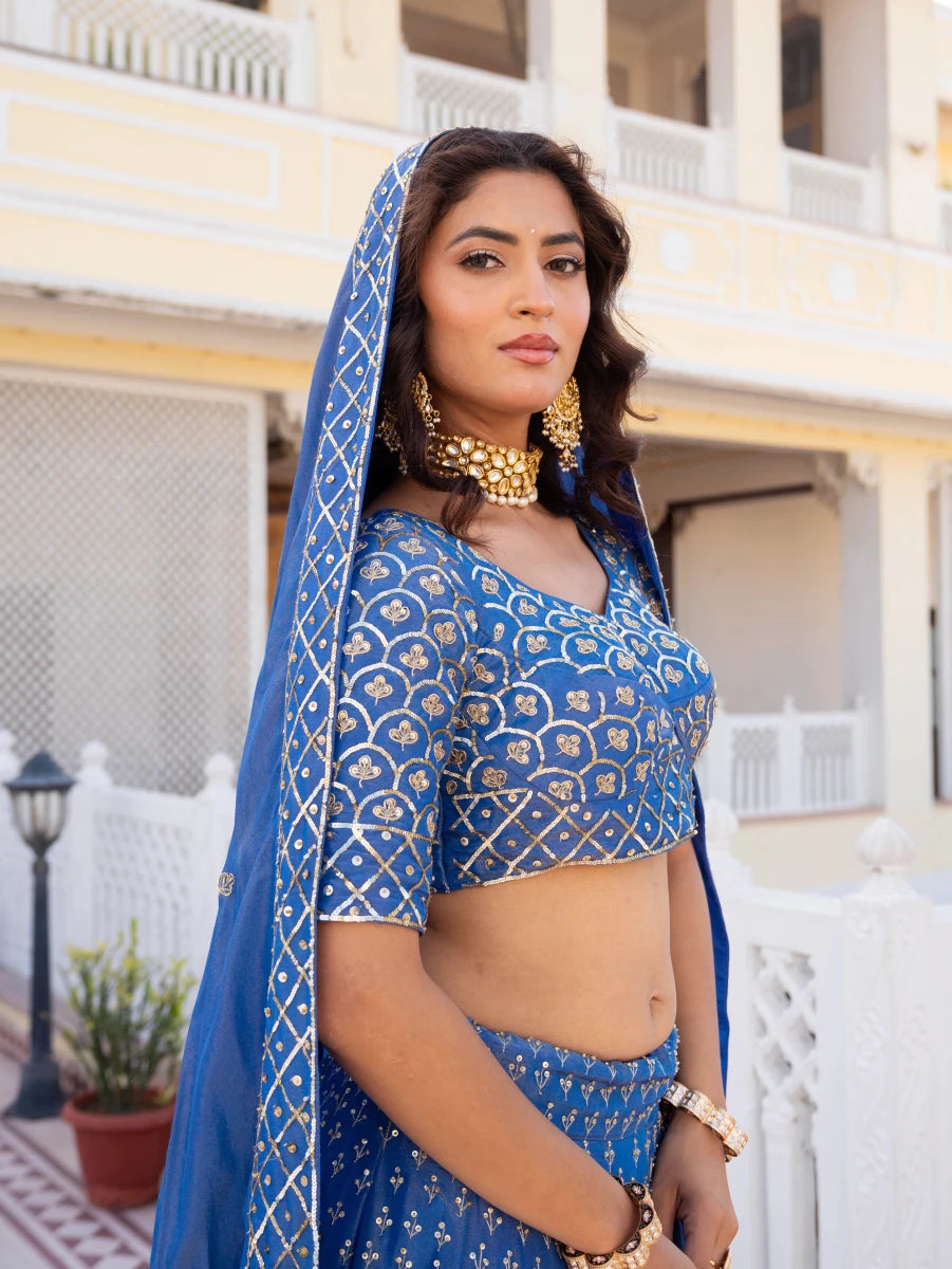 MEHFIL NEEL NOOR TAARI KARIGARI COSMOS LEHENGA SET WITH COSMO HAND WORK DUPATTA - Pomcha Jaipur