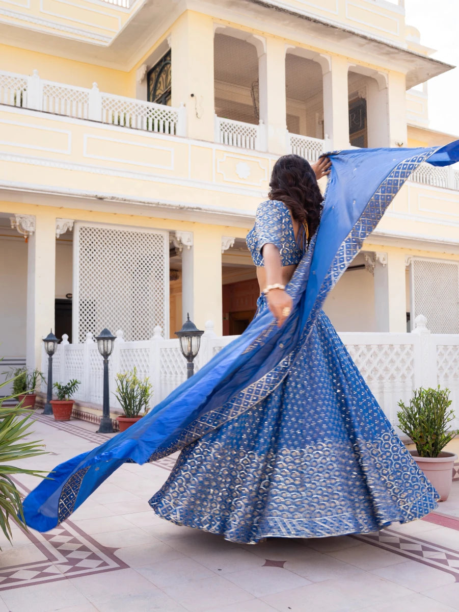 MEHFIL NEEL NOOR TAARI KARIGARI COSMOS LEHENGA SET WITH COSMO HAND WORK DUPATTA - Pomcha Jaipur